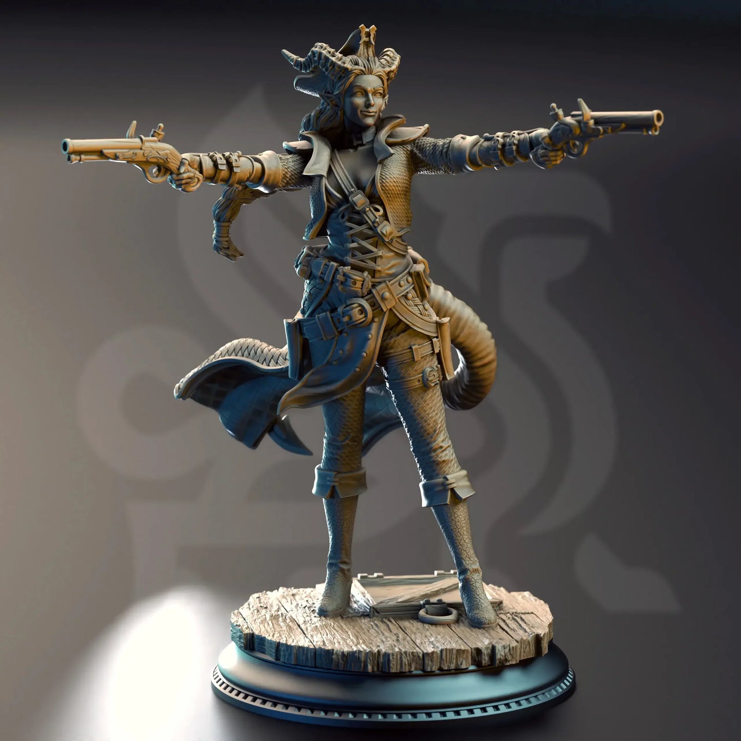 Fantasy figurine with a weapon on a dark background