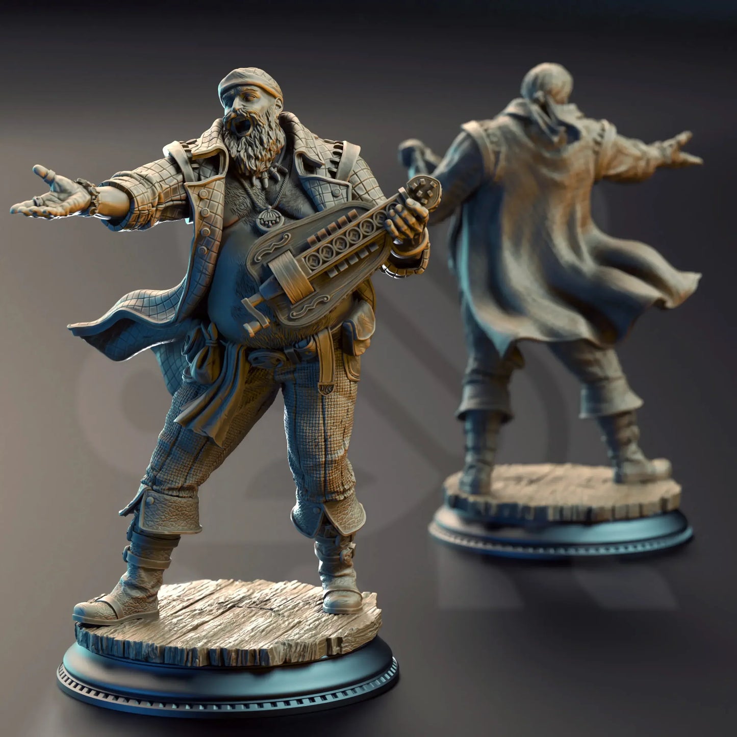 Alternate angle of pirate bard with detailed beard, bandana, and instrument