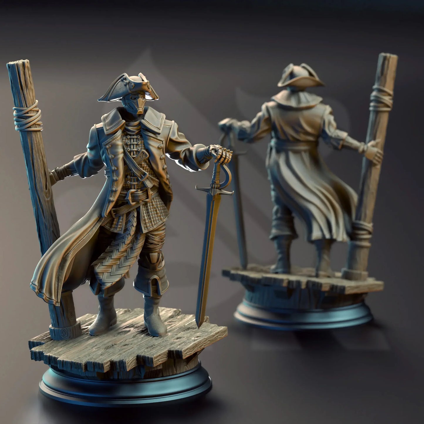 Alternate angle of Harvold pirate miniature highlighting sword and layered clothing
