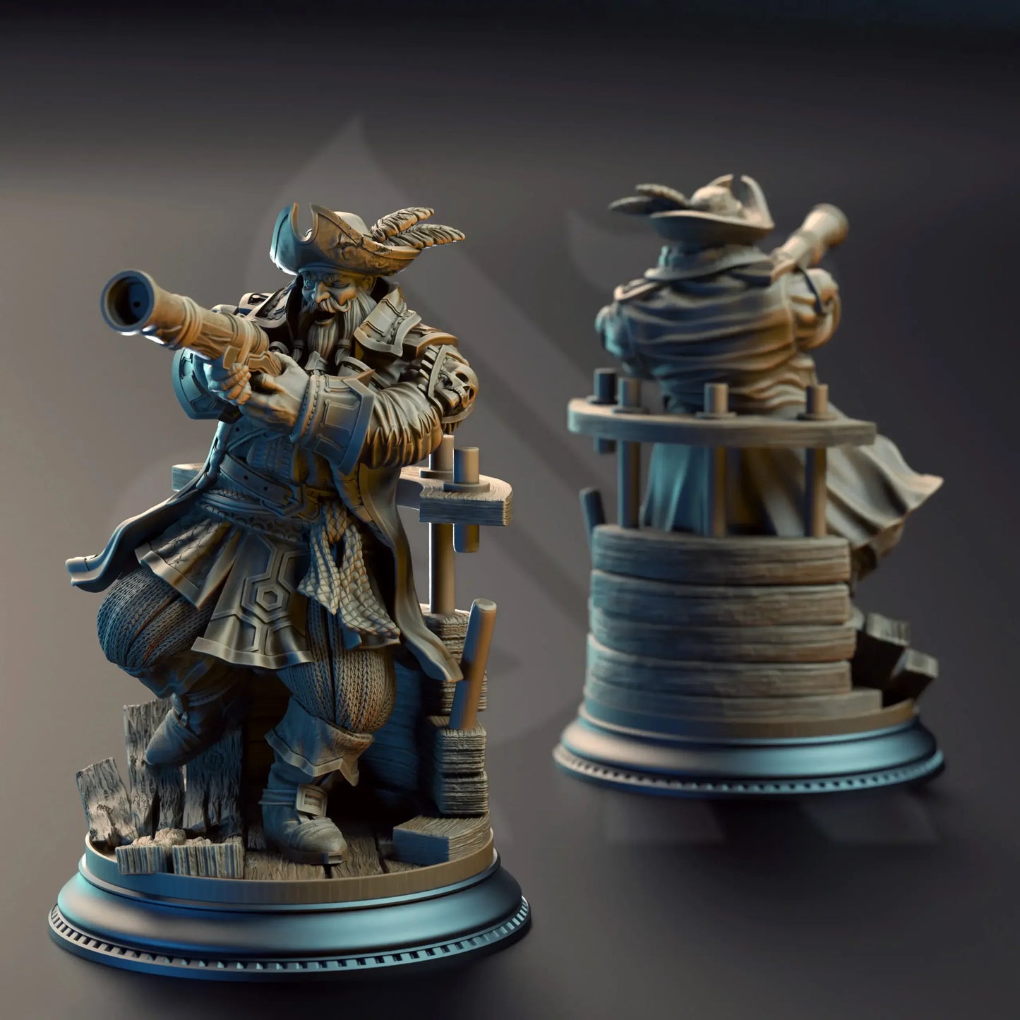 Alternate angle of pirate captain figure with raised foot on broken deck boards
