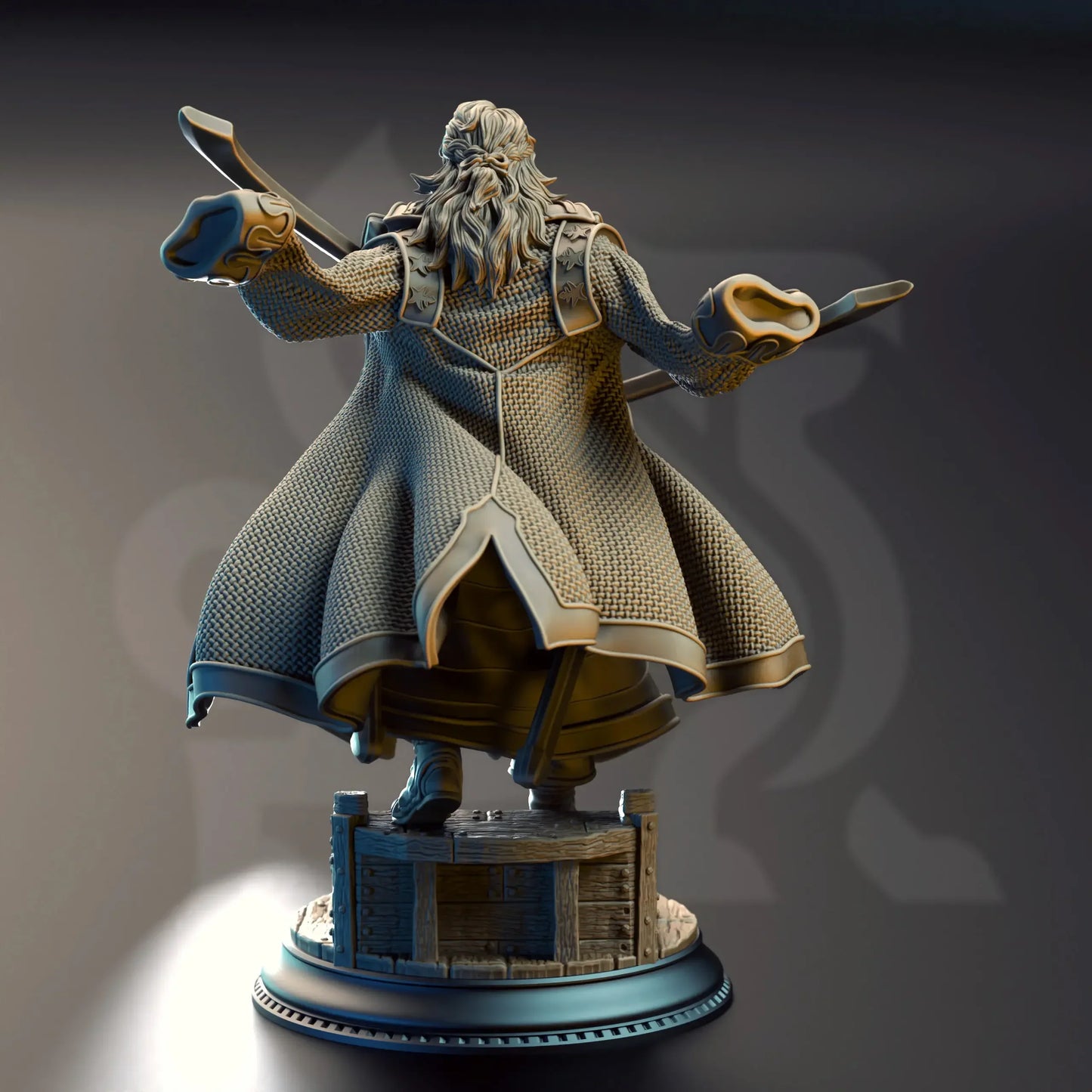 Rear angle of Ignacio Reyes showing detailed chainmail and long hair