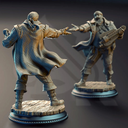 Rear view of Bossman Bill showing flowing coat and outstretched hand