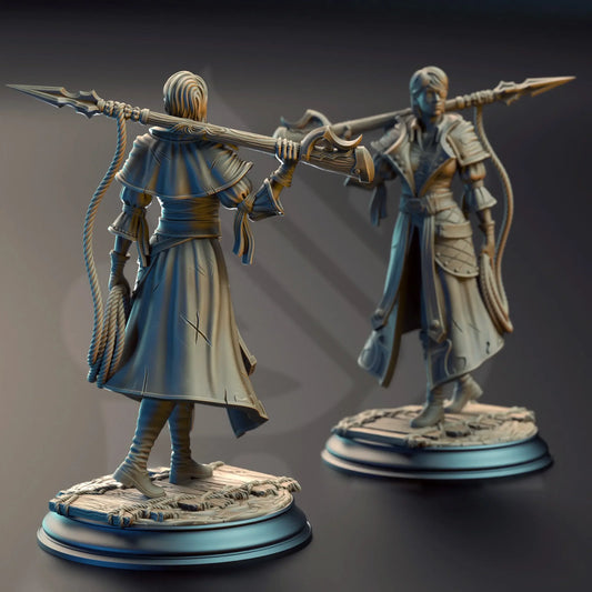 Rear view of Fiona miniature showing long coat, rope, and harpoon across shoulders