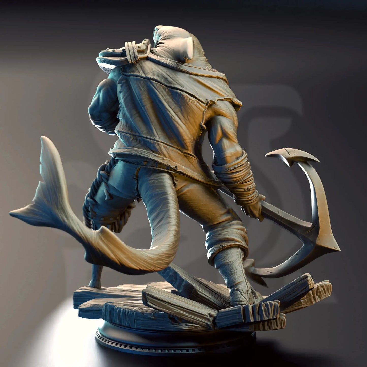 Back View of Baz Smiley Armstrong Sharkman Enforcer miniature for D&D, great white shark pirate TTRPG figure