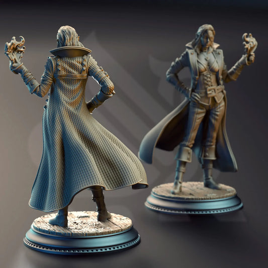 Rear view of Charlotte-Anne showing flowing textured coat and confident stance