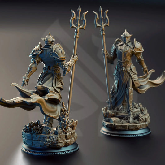 Rear view of armored paladin figure showing cape and detailed backplate