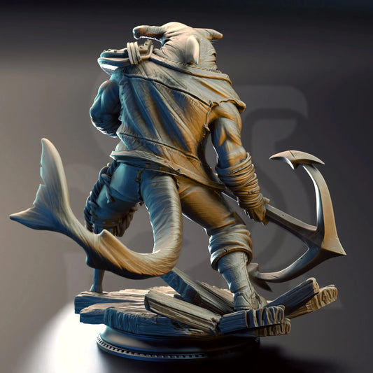 Back View of Baz Smiley Armstrong Sharkman Enforcer miniature for D&D, hammerhead shark pirate TTRPG figure