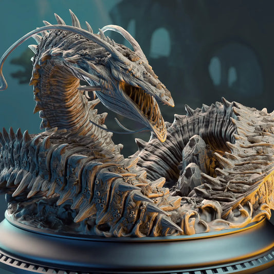 Side angle of ancient sea serpent miniature on detailed base