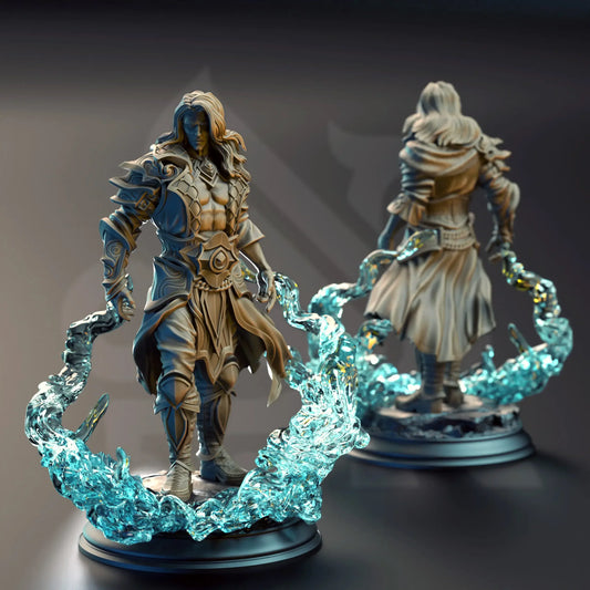 Front and back view of Ocean Soul Sorcerer figure with detailed armor and water spells