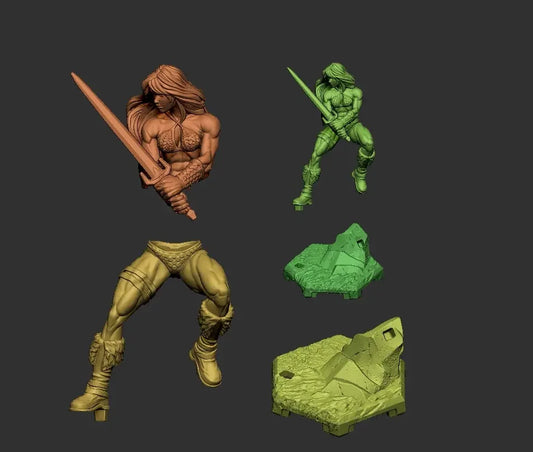 Flare Warrioress digital sculpt breakdown showing separate parts and base