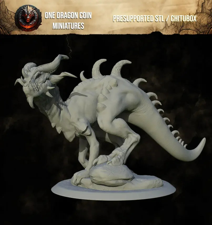 Side view of Earthspike Drake resin miniature on rocky base, perfect for wargaming
