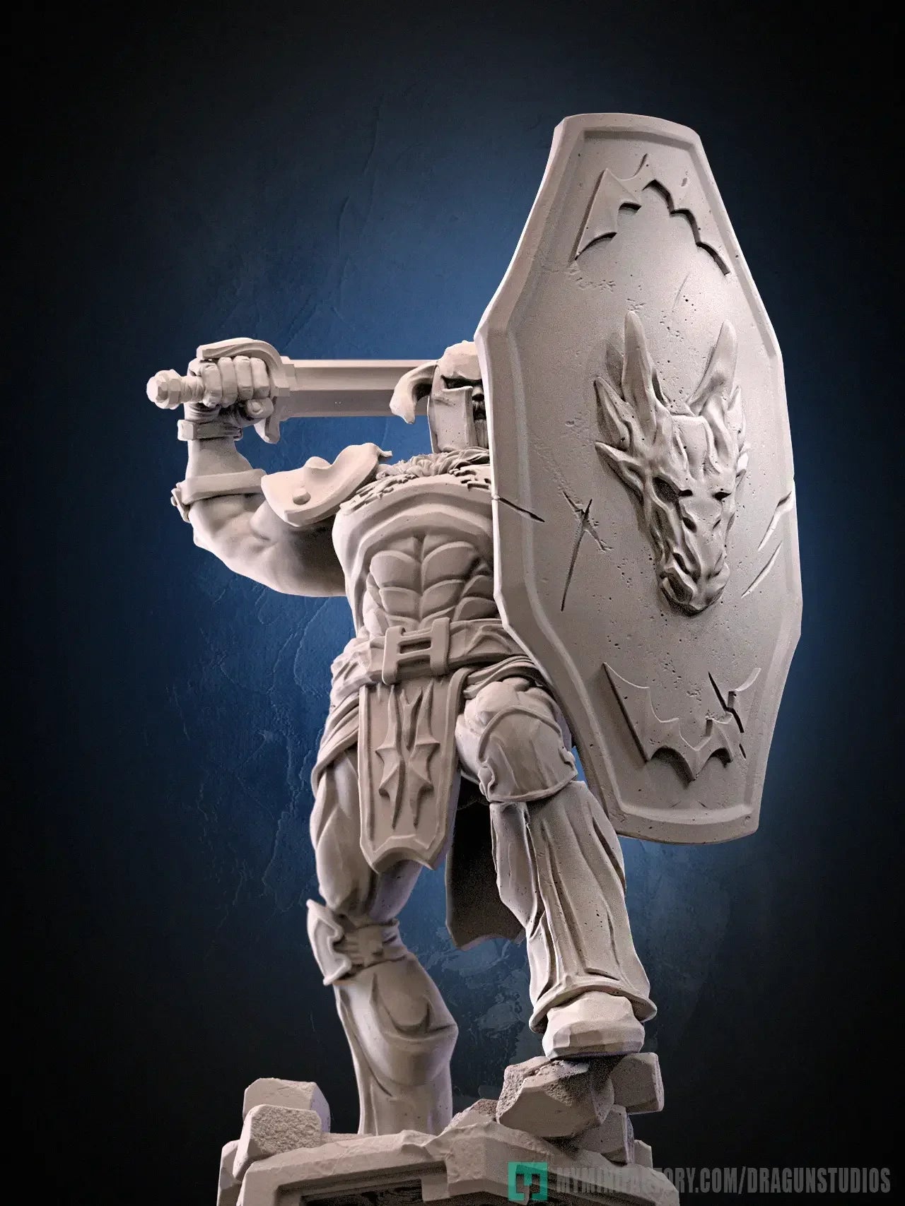 Battler Knight resin print closeup of shield with beast head engraving