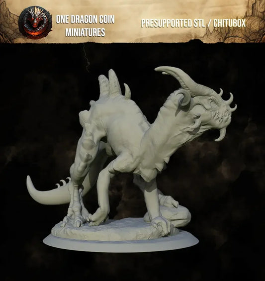 Side and rear views of Earthspike Drake resin miniature on rocky base, perfect for wargaming