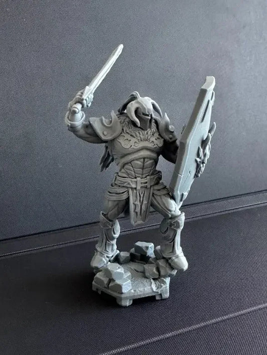 Battler Knight gray resin print front view showing detailed armor and shield