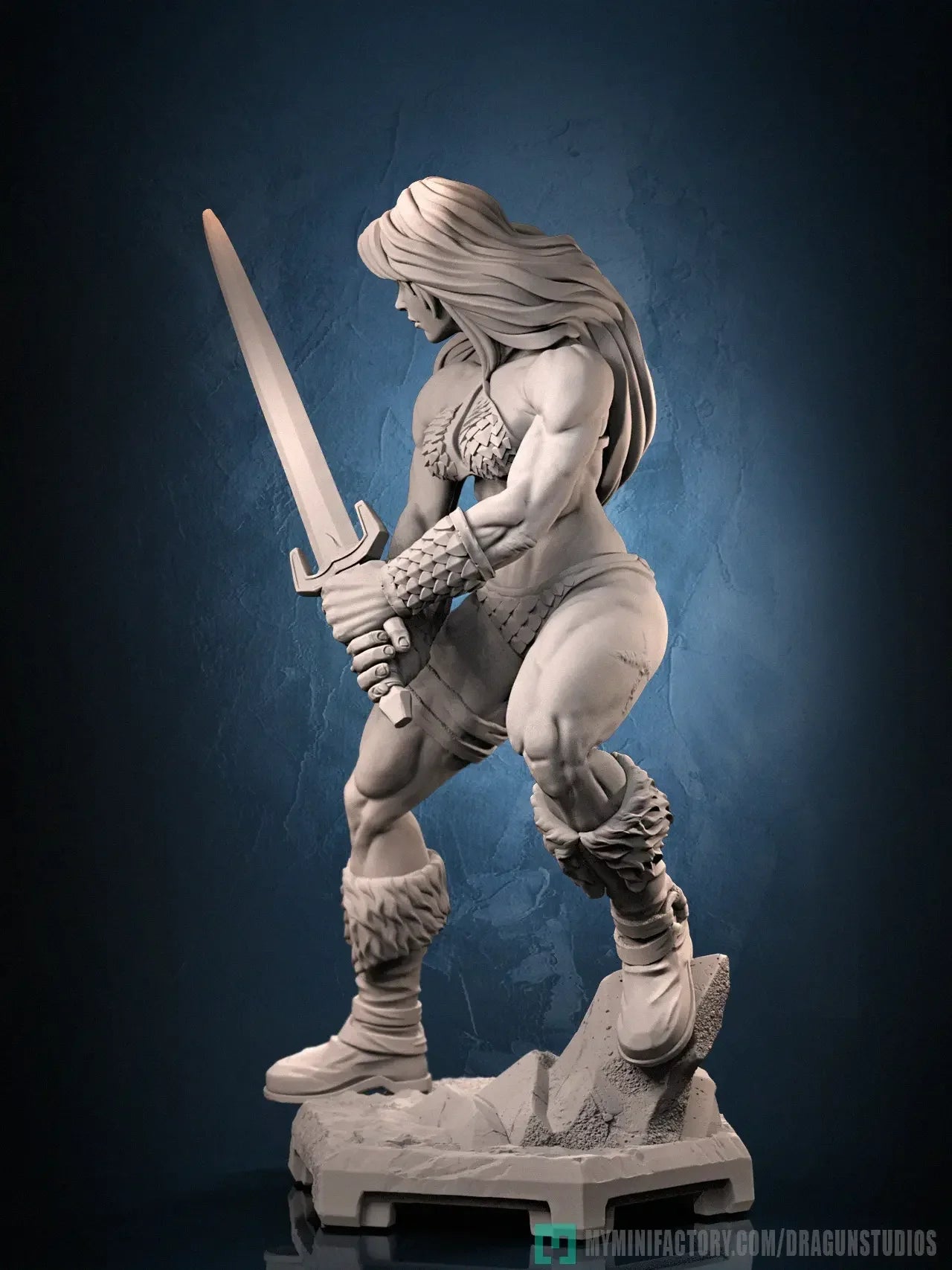 Flare Warrioress raw resin print side stance on textured rocky base
