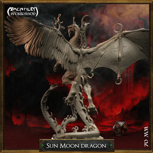 Sun Moon Dragon twin-headed miniature with giant wings and curling tail on rocky base