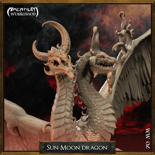 Sun Moon Dragon closeup of dual heads with fanged maws and crescent horn details
