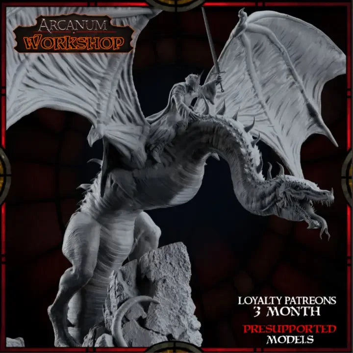The Black Rider miniature with dark armored figure mounted on a fierce dragon, shown on rocky base for TTRPG or display use.