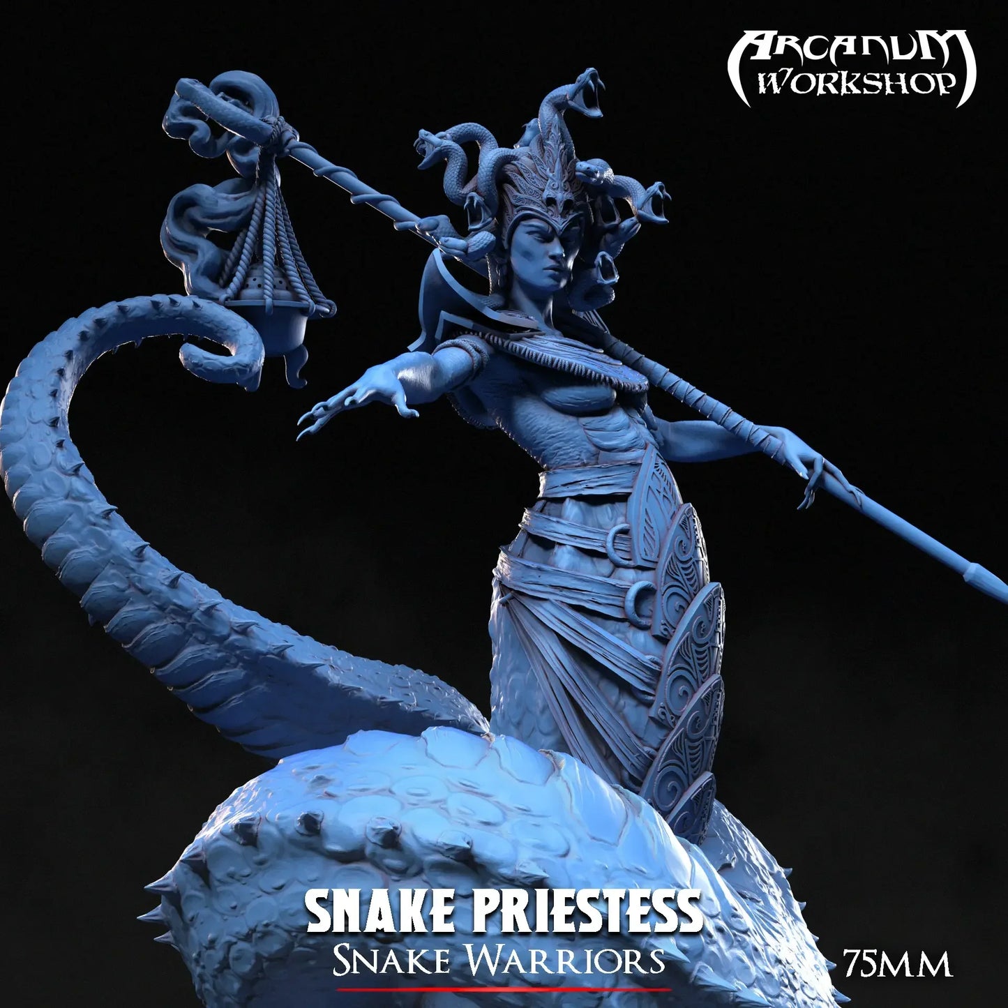 Snake Priestess miniature on scenic base with dice for scale, perfect for TTRPGs and collectors