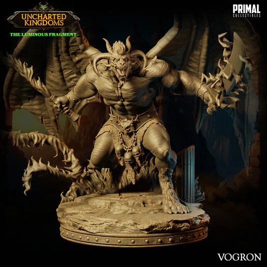 Balor Vogrol Demon miniature by PRIMAL Collectibles – 32mm and 75mm resin fantasy boss with wings, swords, and flames for DnD and TTRPG display