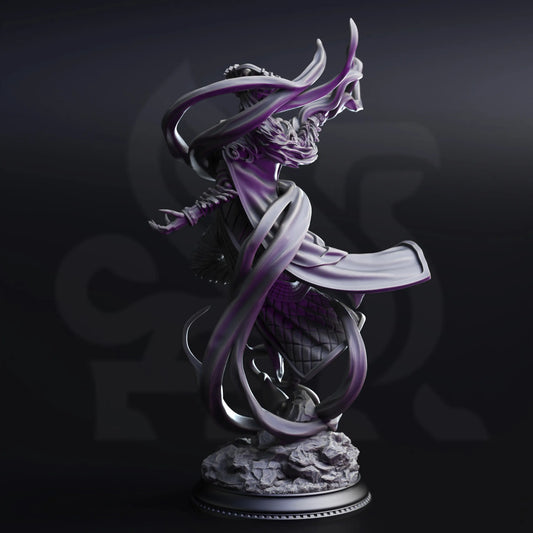 Detailed figurine with purple and gray tones on a dark background