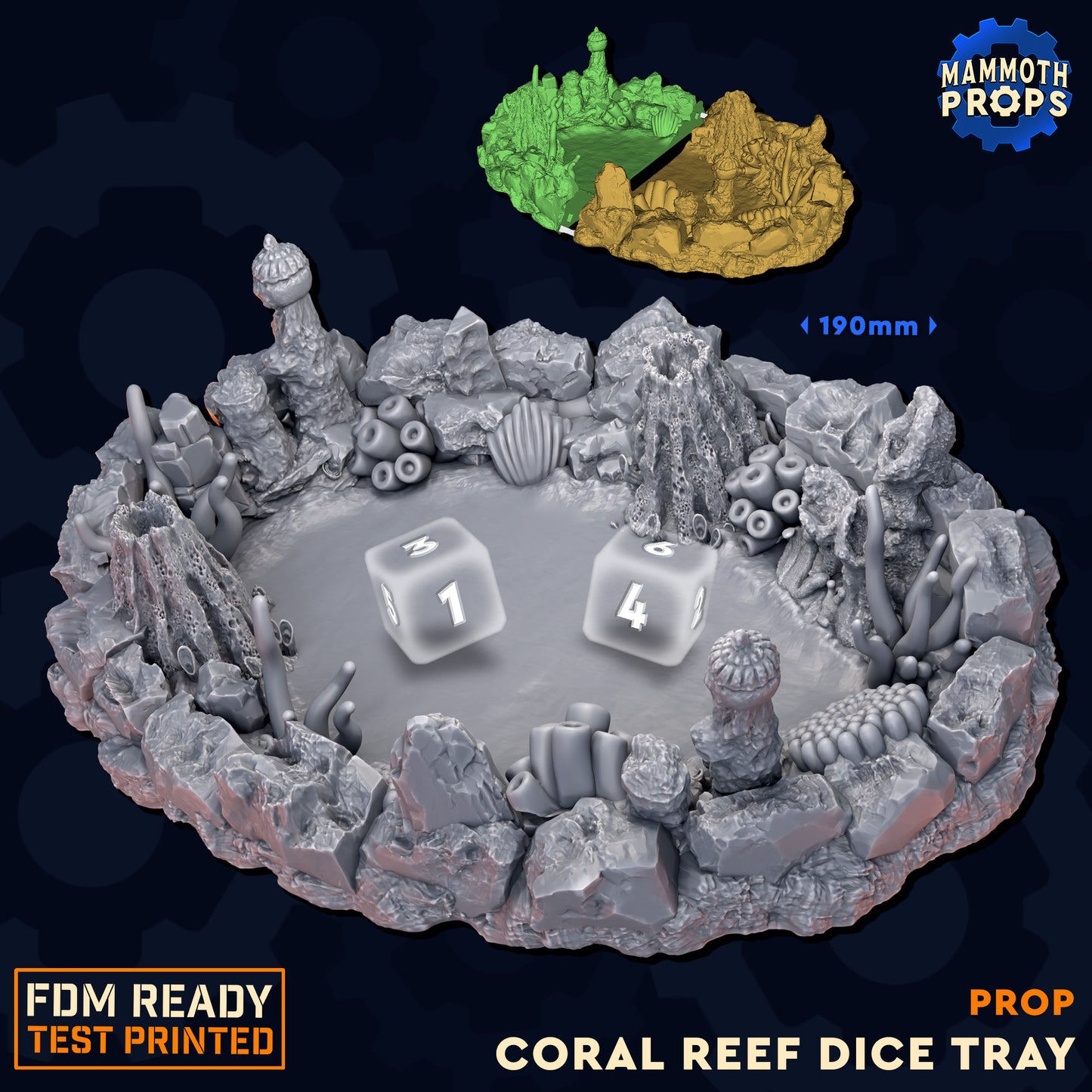 Coral Reef Dice Tray 3D print, tabletop gaming accessory with reef and ocean theme, 190mm wide, available DIY kit, raw, primed, or painted.