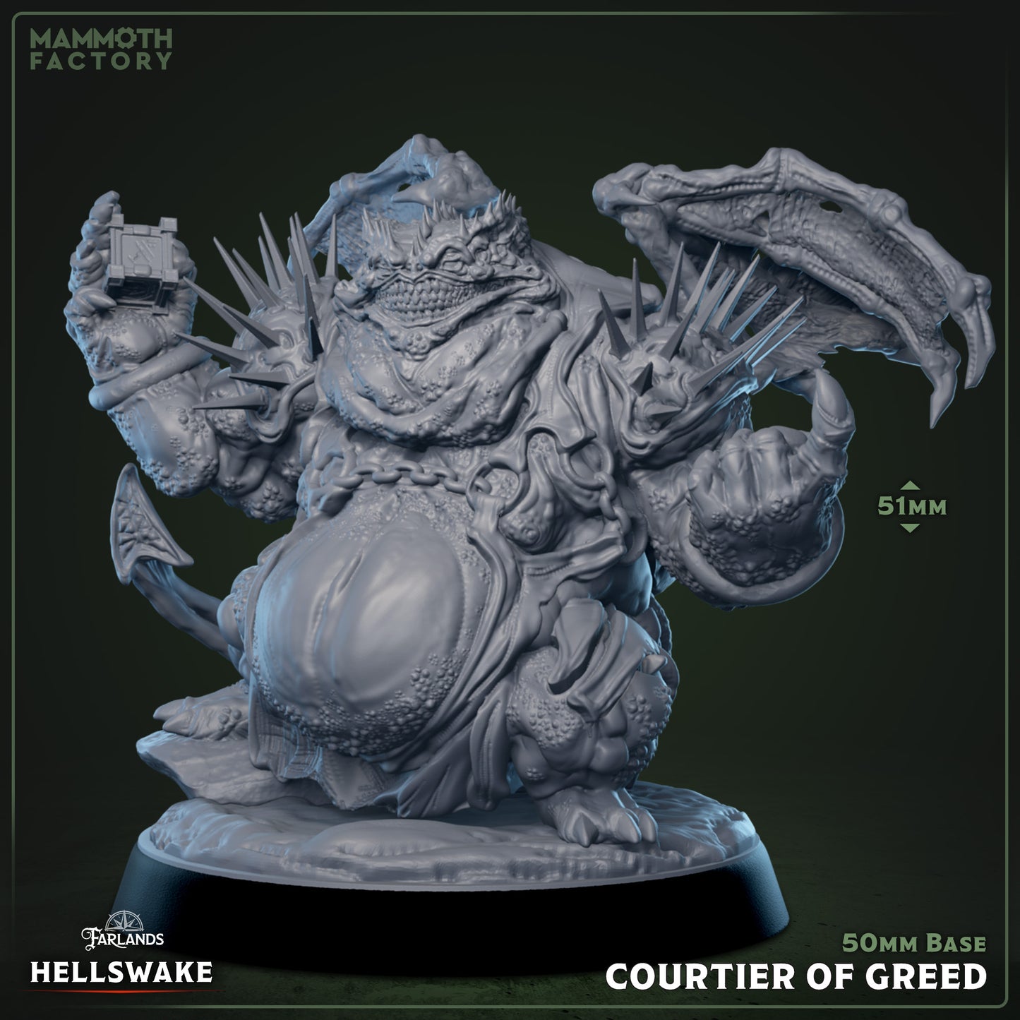 Courtier of Greed 3D printed resin miniature on 50 mm base, 51 mm tall demonic boss for tabletop RPGs or painting.