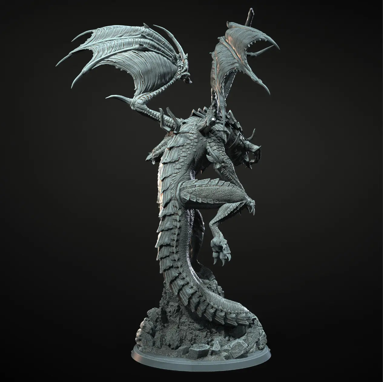3D render of Skarnathrax Armored Dragon miniature with detailed wings and armor.
