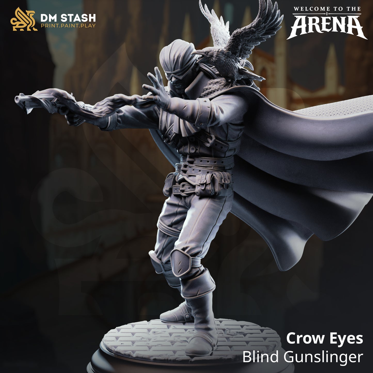 Crow Eyes, a blind male gunslinger miniature by DM Stash, featuring a blindfolded warrior with a crow perched on his shoulder, firing a pistol on a stone base.