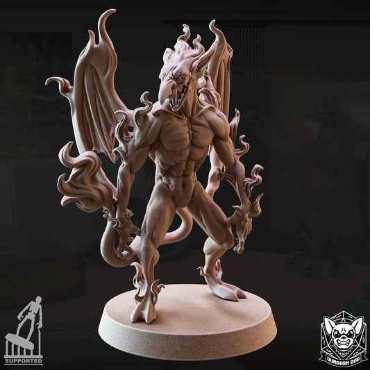 Front view of the Fire Mephit demon miniature with flames and detailed musculature