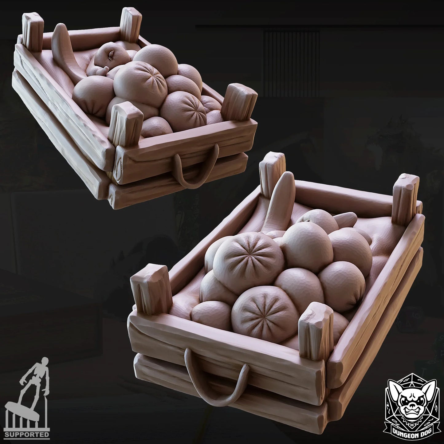 3D printed fantasy terrain prop showing crate of fruit for TTRPG market or village scenery