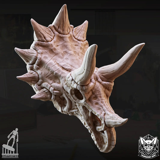 Side view of resin Triceratops Skull terrain piece with rugged horns for RPG battles