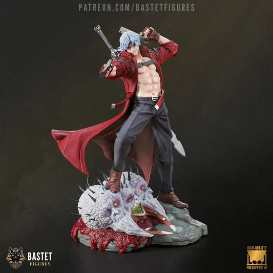 Painted Dante statue standing on demon base in iconic red outfit with shirt off