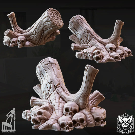 Wooden stump scatter terrain over piles of skulls for fantasy RPG or wargaming battlefields