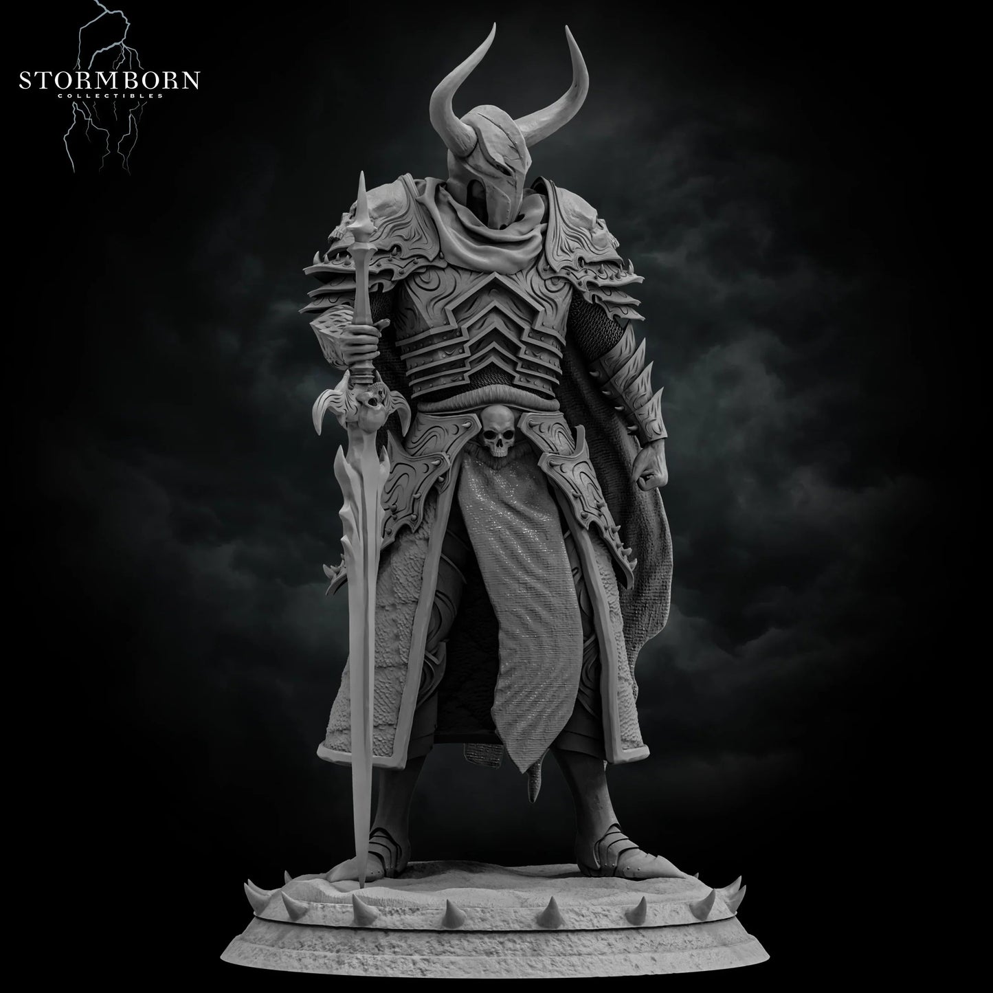 Fantasy death knight model with skull-decorated armor and cape