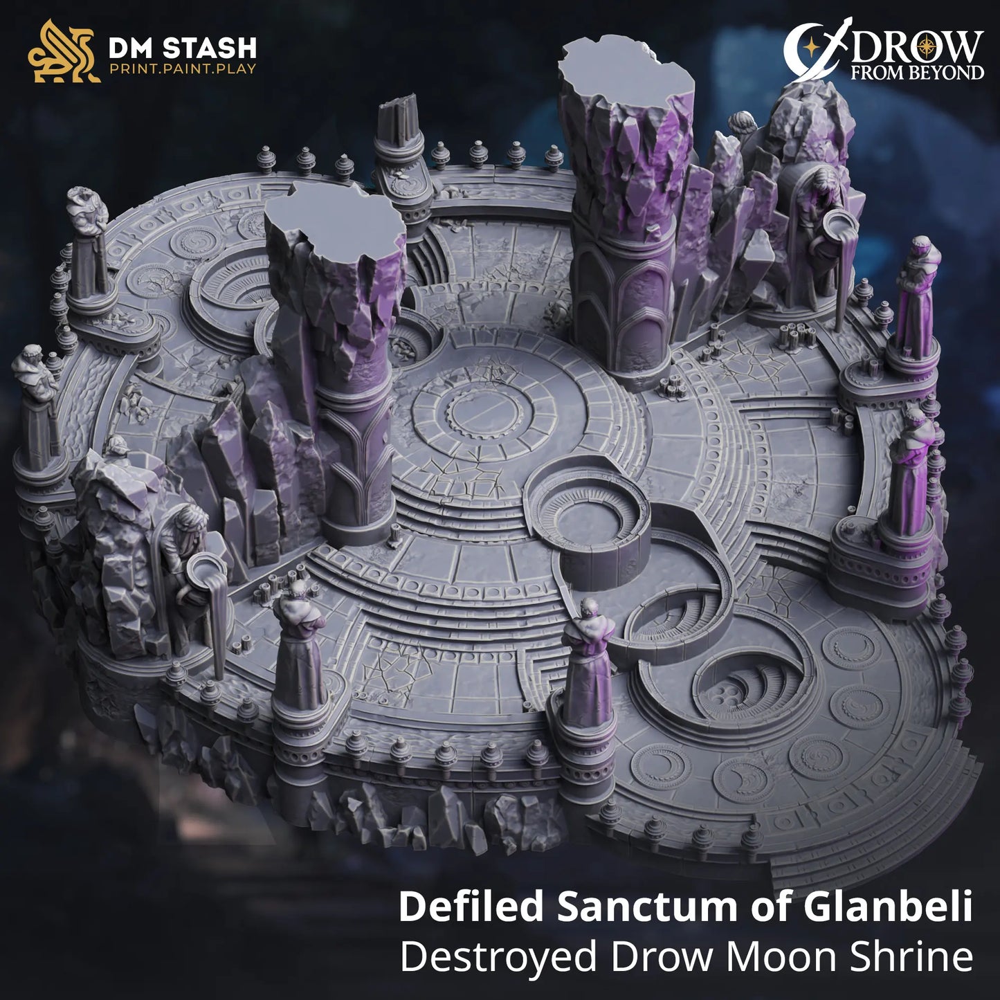 Defiled Sanctum of Glanbeli – PLA+ 3D printed fantasy terrain of a destroyed Drow moon shrine with broken pillars and arcane symbols