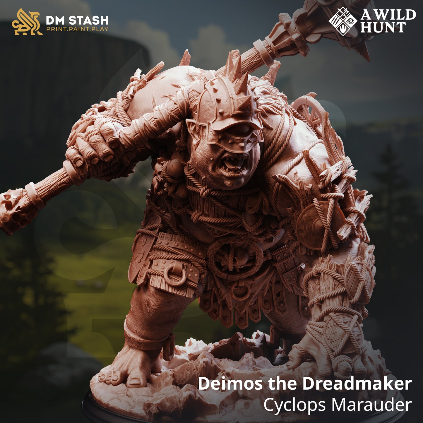 Deimos the Dreadmaker Cyclops Marauder resin boss miniature for D&D and Pathfinder, available in 32mm scale as a Huge-sized miniature from D&K Custom Prints