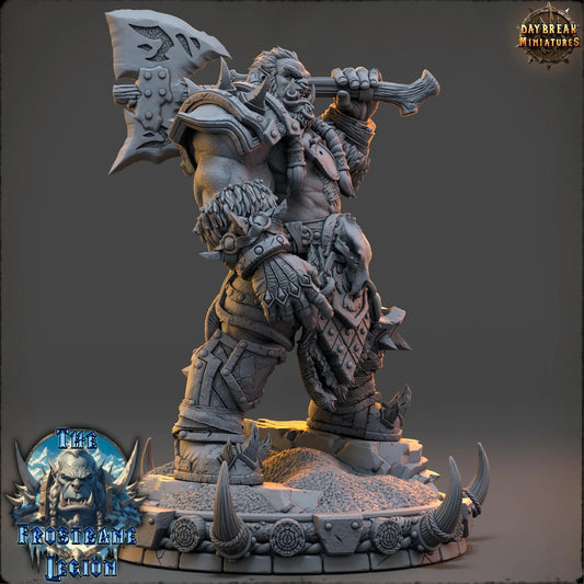 Massive frost orc warlord miniature with skull armor and spiked axe, standing on a custom scenic base—ideal for tabletop boss fights or barbarian army leaders.