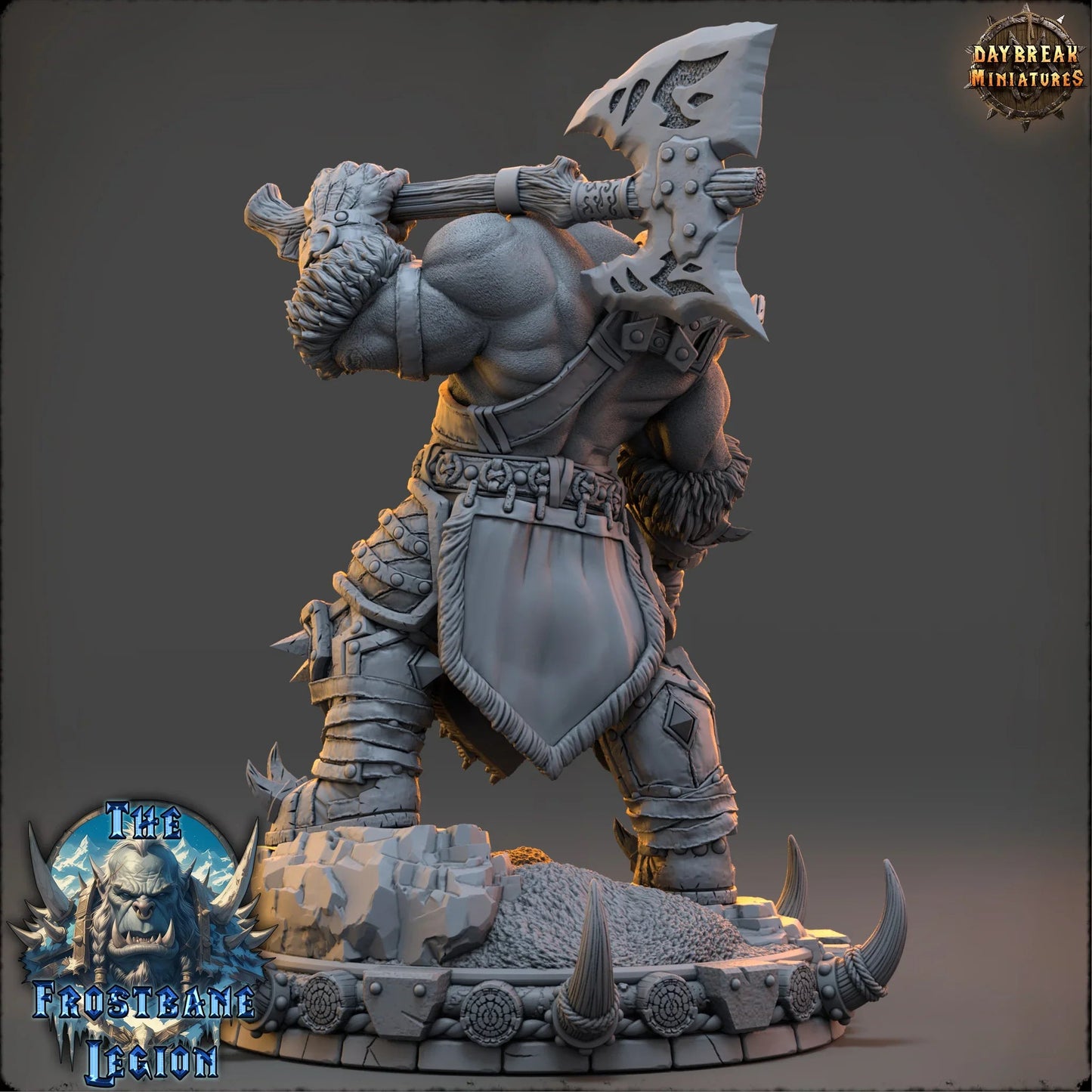 Massive frost orc warlord miniature with skull armor and spiked axe, standing on a custom scenic base—ideal for tabletop boss fights or barbarian army leaders.