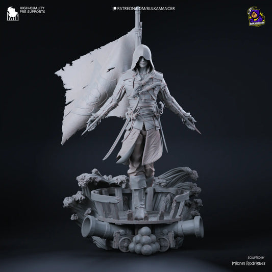 Unfinished sculpture of a character with a flag on a dark background