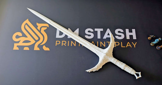 Physical FDM printed 'Truth and Justice' life-size prop sword showing the massive scale on a DM Stash workmat.