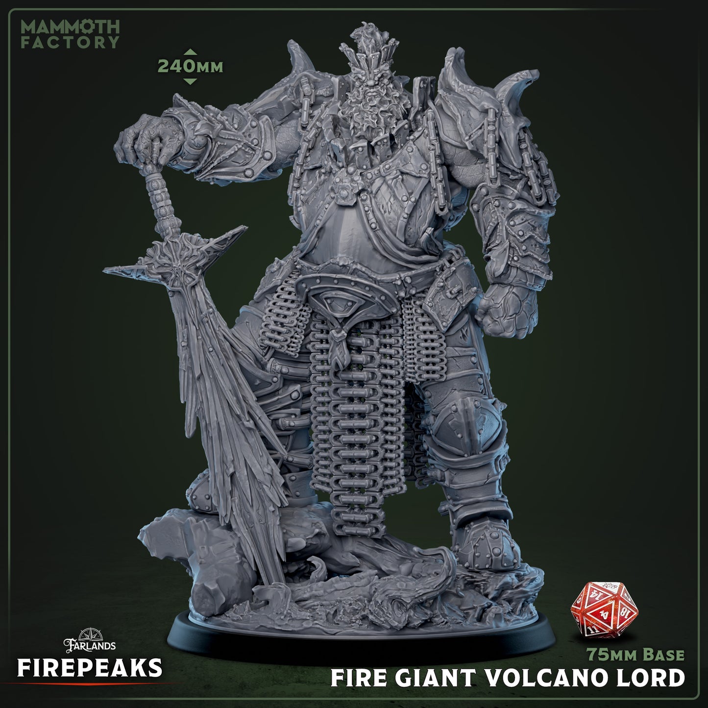 Fire Giant Volcano Lord resin miniature with sword and hammer variants on a 75mm base.