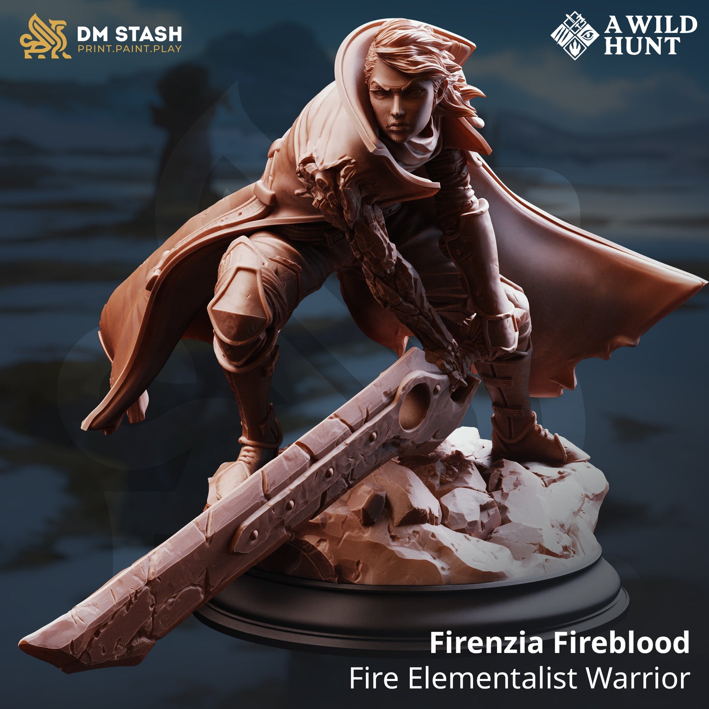 Firenzia Fireblood Fire Elementalist Warrior resin miniature – fantasy female fighter with molten arm and greatsword for tabletop and display painting.