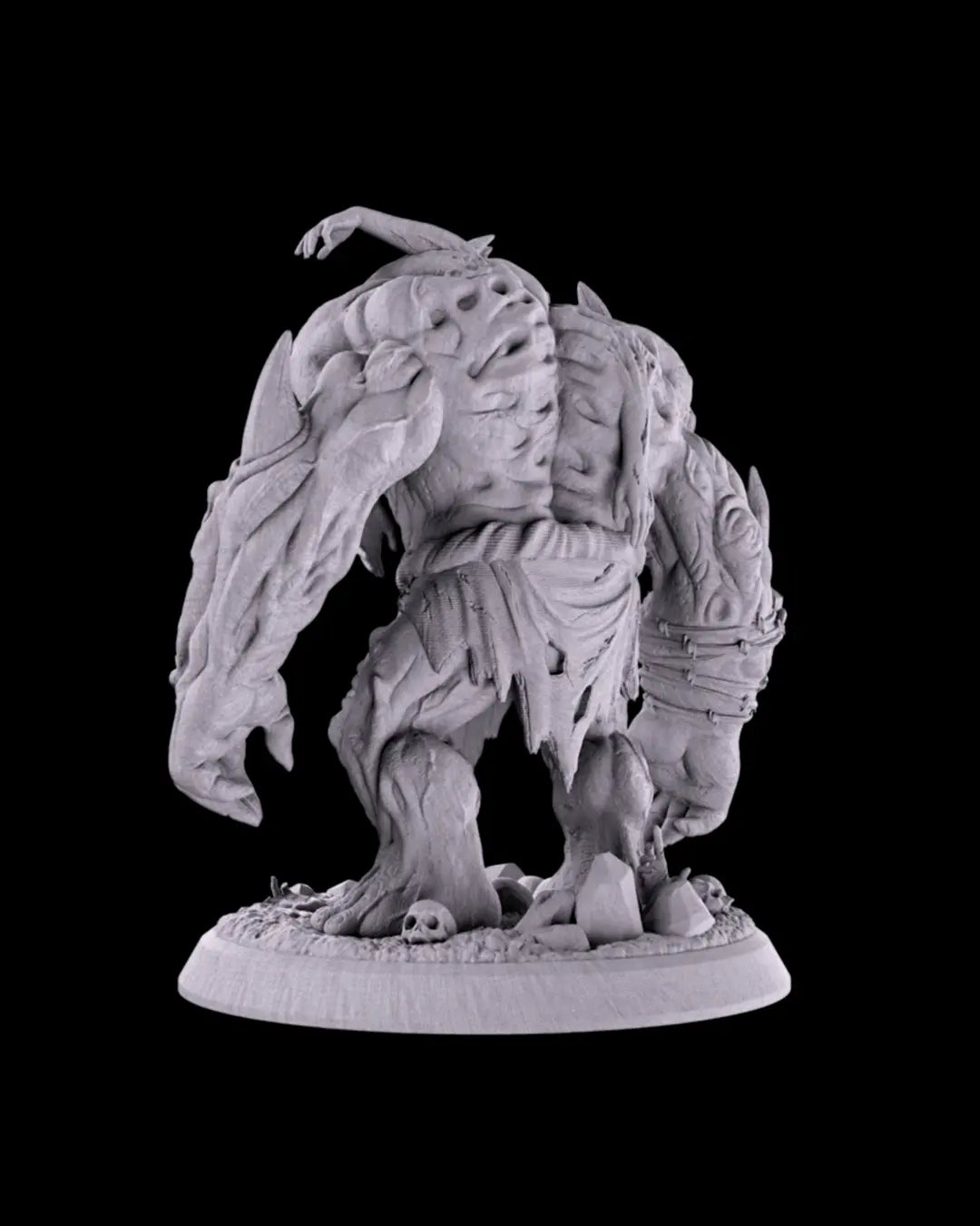 Unpainted gray resin Flesh Golem fantasy figurine on a black background