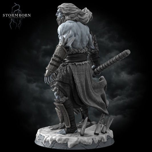 Frost Giant resin statue fantasy collectible with warhammer, icy snow base, customizable in raw, primed, or painted finishes
