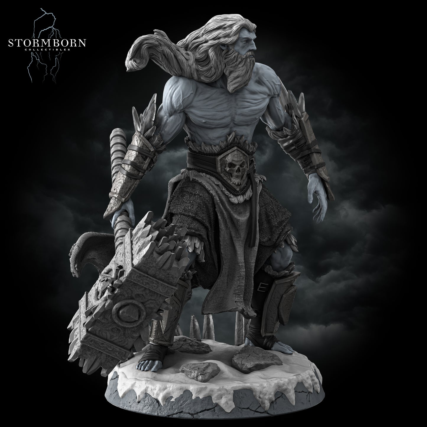 Frost Giant resin statue fantasy collectible with warhammer, icy snow base, customizable in raw, primed, or painted finishes