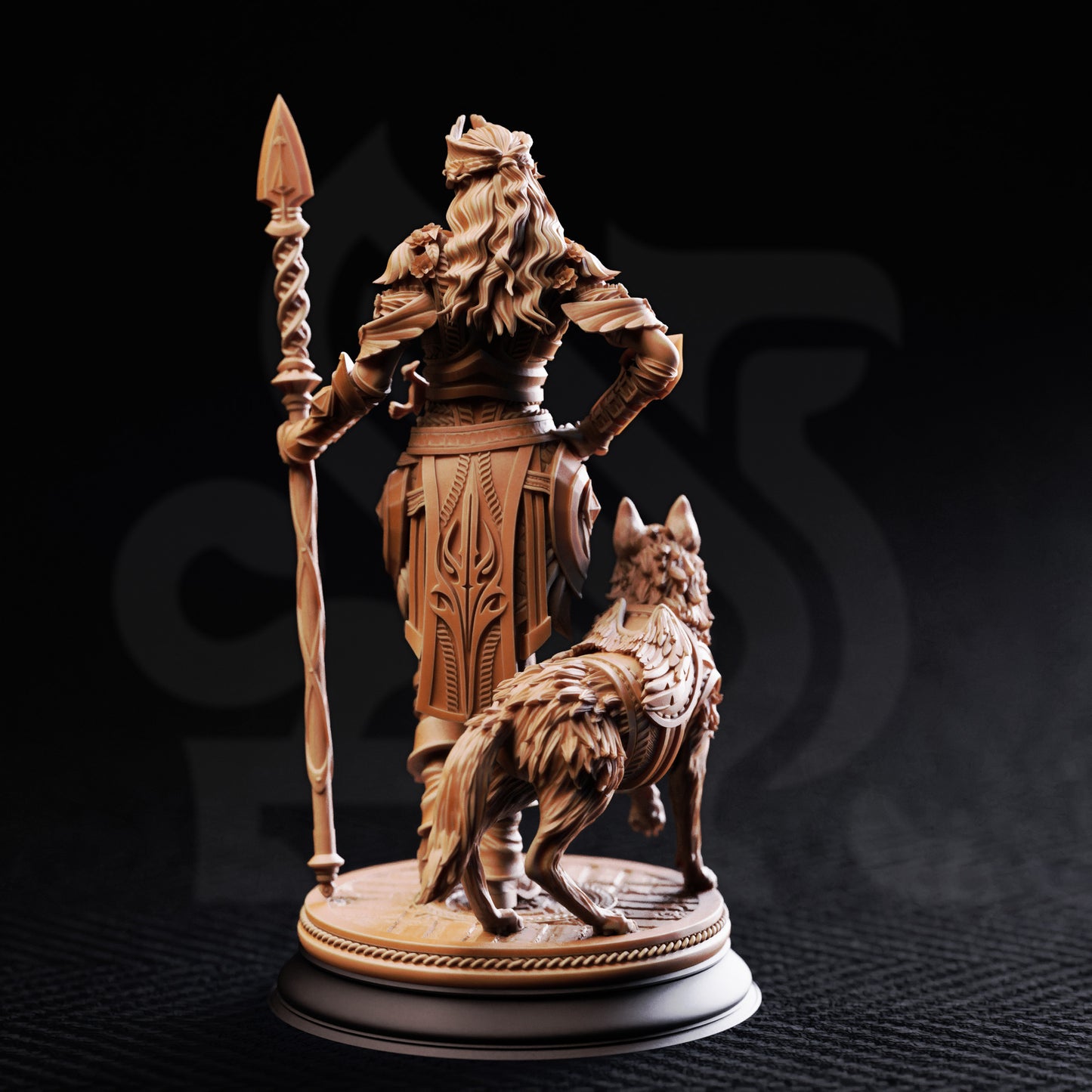 Frøya Maiden of Life resin miniature with wolf companion and spear on scenic base