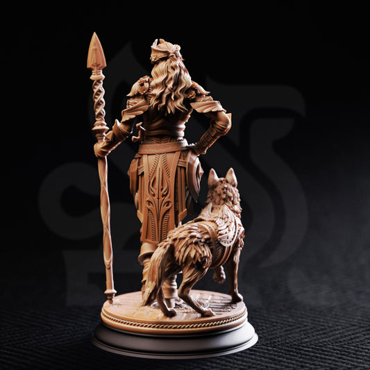 Frøya Maiden of Life resin miniature with wolf companion and spear on scenic base