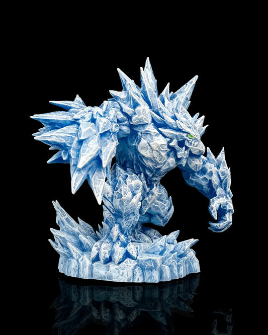 right side view of Ice blue and white rendered Glacier Golem resin miniature in 32mm scale with icy crystal texture