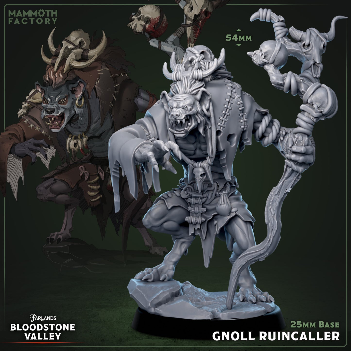 Gnoll Ruincaller resin miniature 3D print from Bloodstone Valley, fantasy spellcaster with skull staff on 25mm base, available DIY kit, raw, primed, or painted.